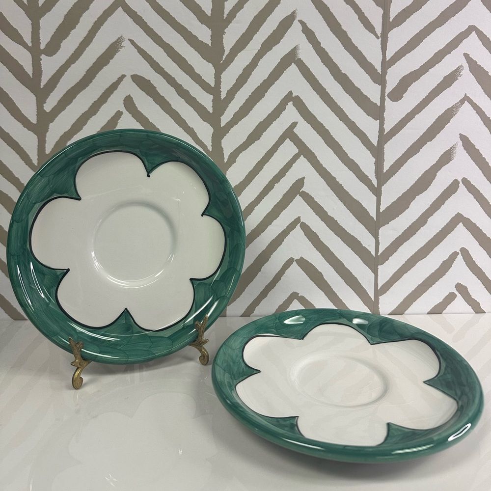 Vintage Nancy Calhoun Las Rosas Large Saucer Green & White Plates Portugal